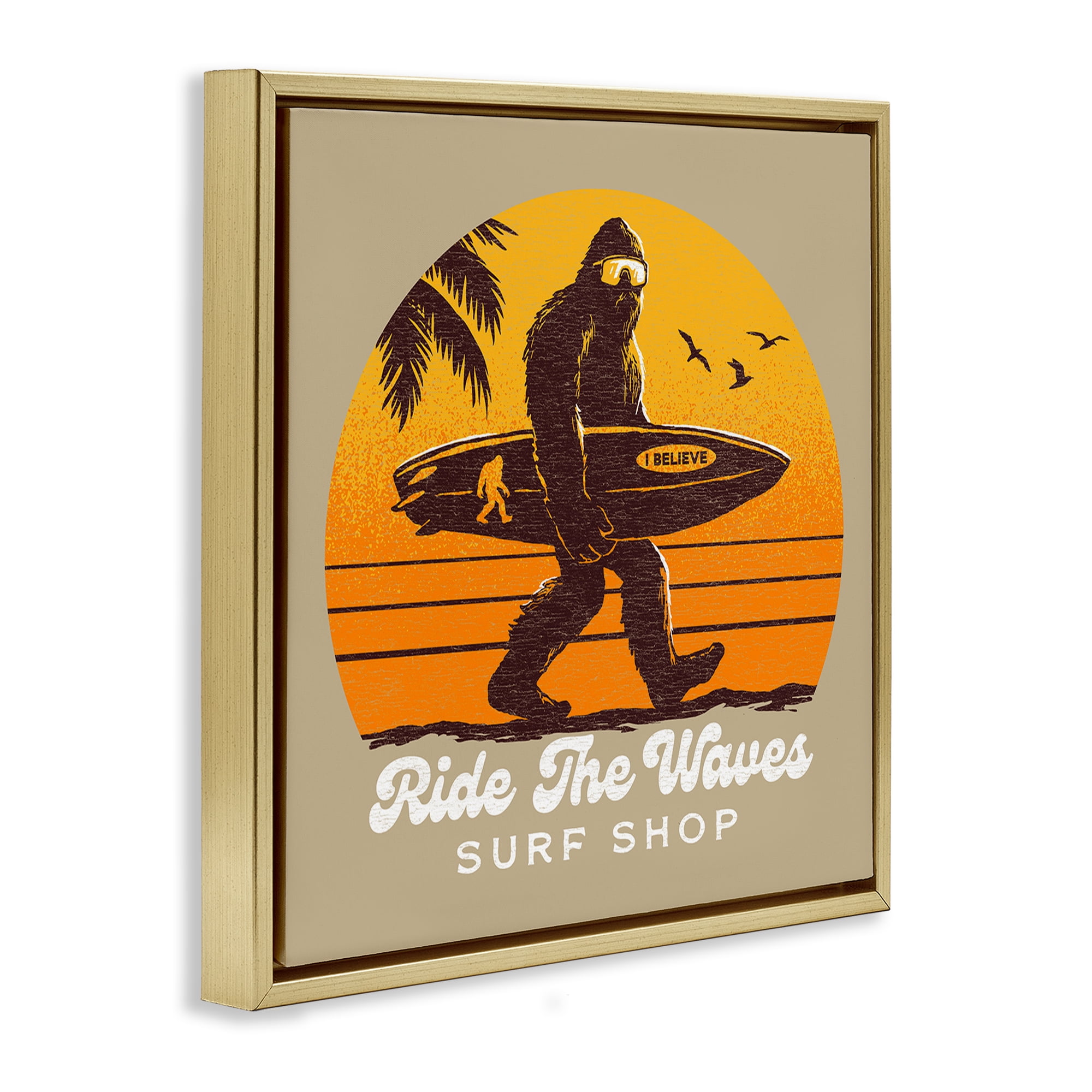 Ride The Waves Surf Shop Gold Framed Floater Canvas Wall Art, design by Jedco Brands Inc.