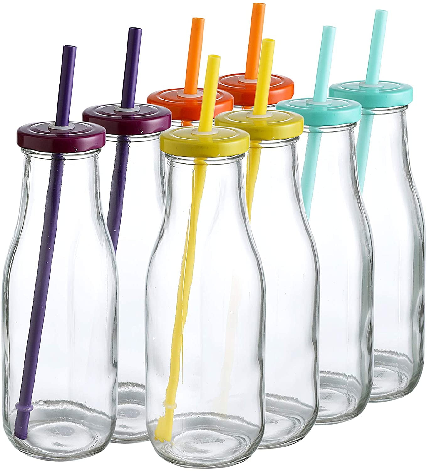 14 Oz Glass Milk Bottles with Colorful Metal Twist Lids and Straws, Reusable for Milk