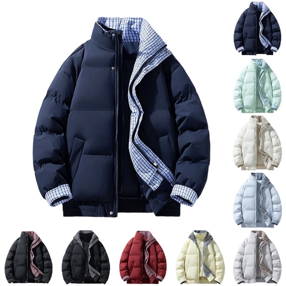 Men's Down Jackets and Coats Oversized Loose Fit Padded Winter Coat, Contrast Plaid Inner Lined Stand Collar Full Zip Up Puffer Jacket with Side Hand Pockets