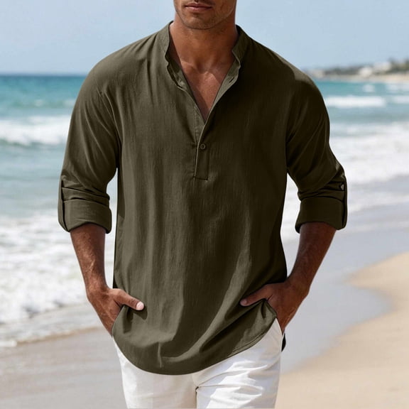 Men's Linen Blend Henley Shirt Long Sleeve Casual Button Down Shirts Lightweight Breathable Summer Beach Tops