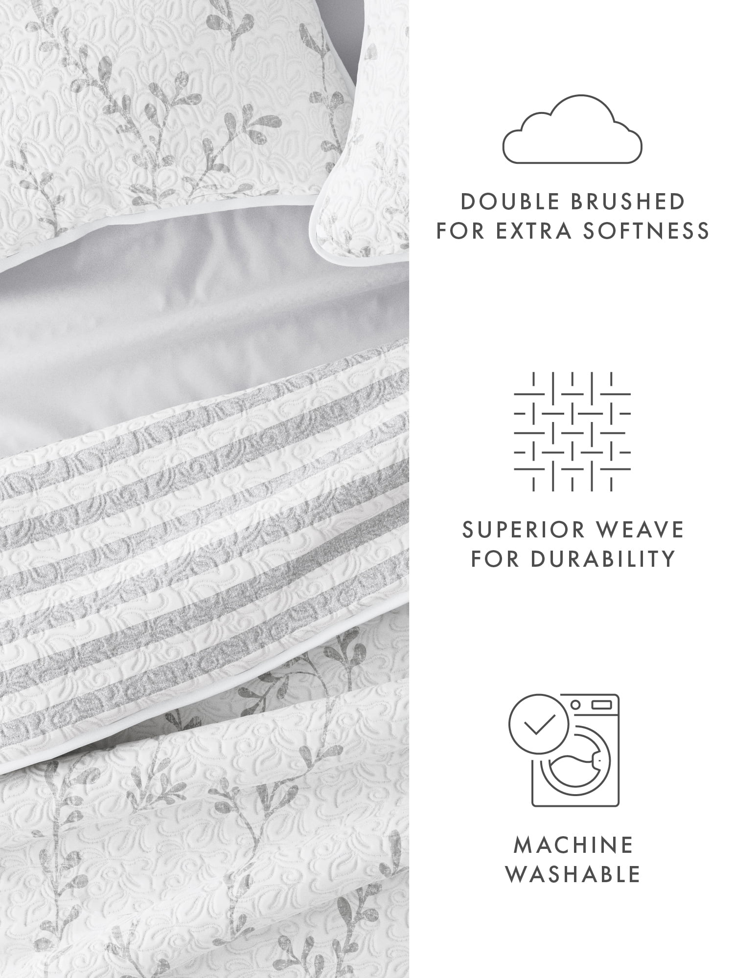 Comfort Canopy - Light Gray Reversible Silhouette Leave Pattern Stitched Quilt Coverlet for King Size Beds