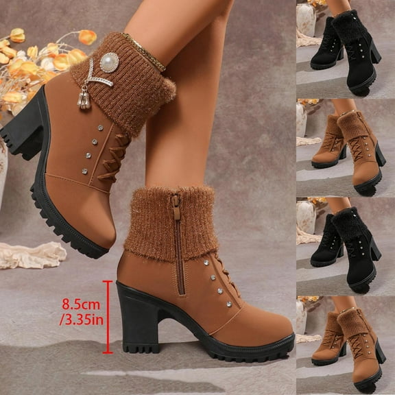 Boots Women Mid Calf Thick Velvet Thick-Soled Chunky Mid Heel Round Toe Booties with Side Zipper Fashion Casual Solid Color Comfortable Warm Fall Winter Shoes for Women Black 8.5