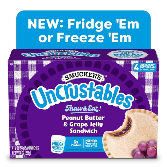 Smucker’s Uncrustables Peanut Butter & Grape Jelly Sandwiches, 4 Count, 2 oz Each, Frozen