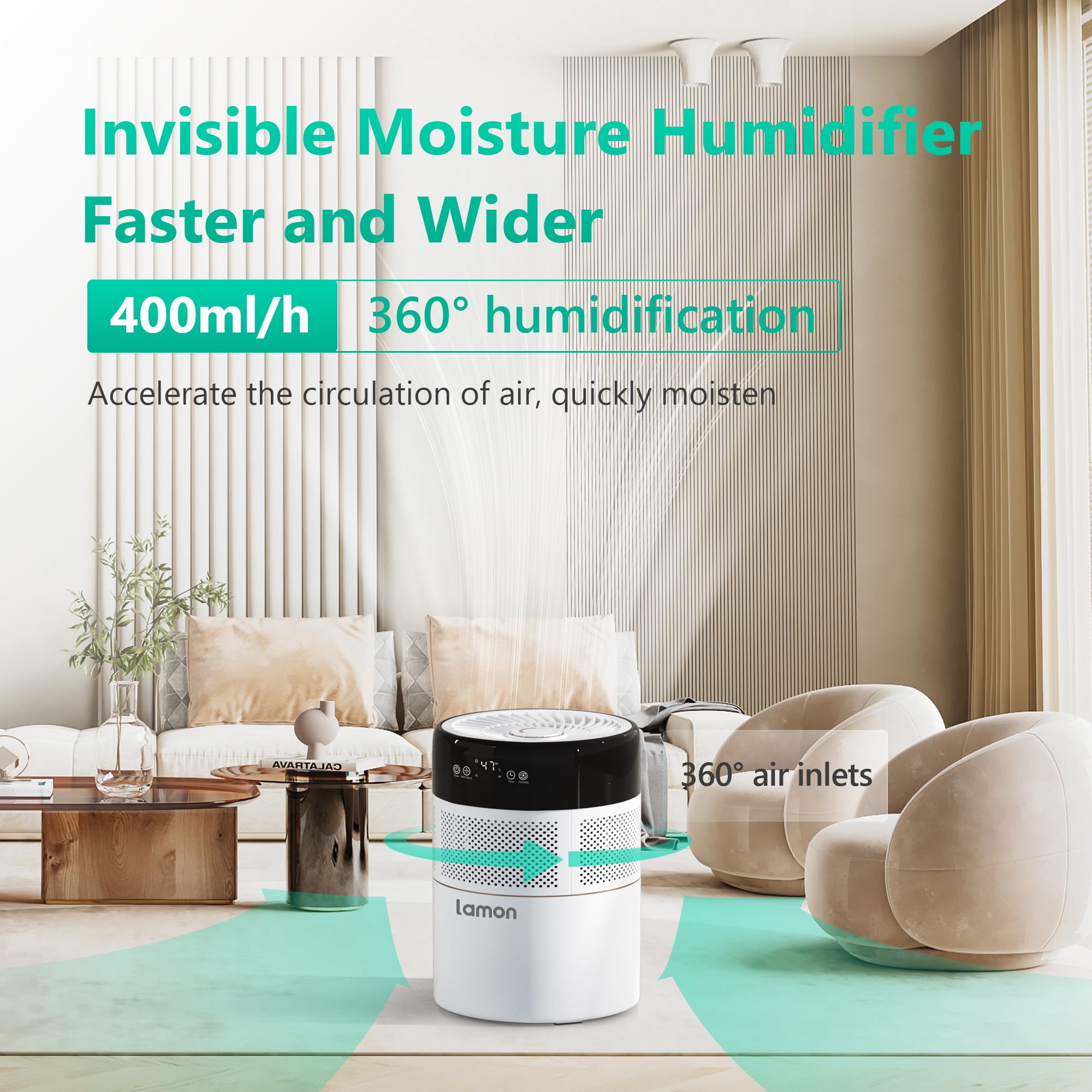 Lamon® Evaporative Humidifier, 400ml/H Cool Moisture Humidifier and Air Purifier with Anion & Filter for Baby, Kid Bedroom, Quiet Work Humidifiers, Sleep Mode, 4.5L(1.2G)