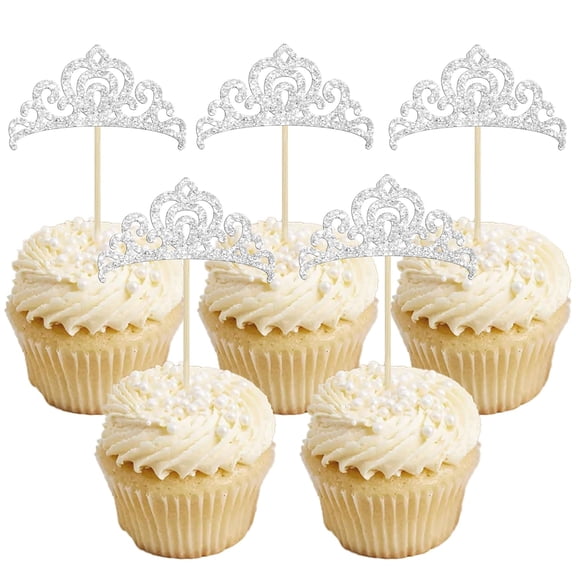 12Pcs Silver Glitter Princess Crown Cupcake Toppers, Tiara Cake Picks for Girls Birthday, Baby Shower, Wedding Party Decorations