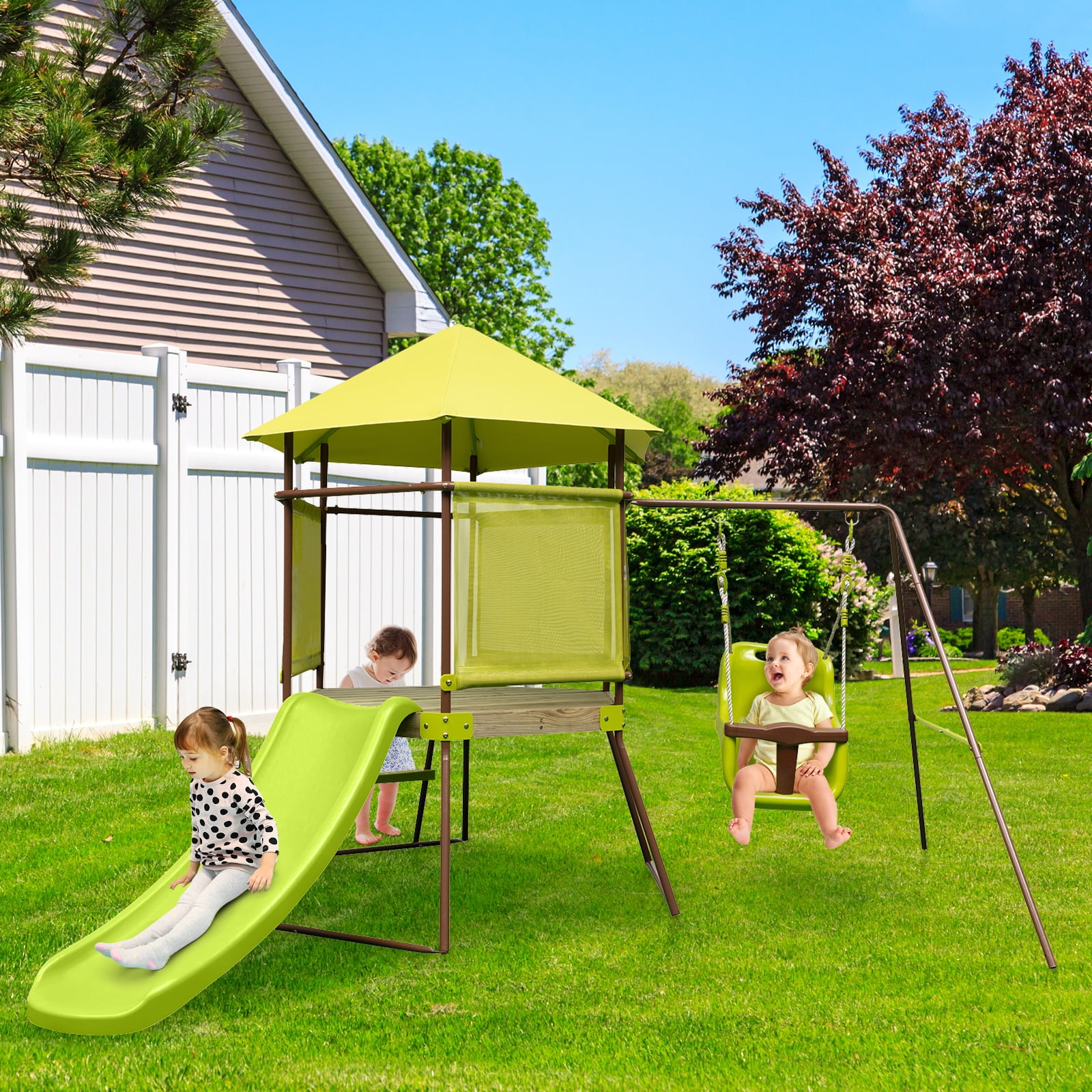 Infans 4-in-1 Swing Set w/ Covered Playhouse Fort Height Adjustable Baby Seat Slide