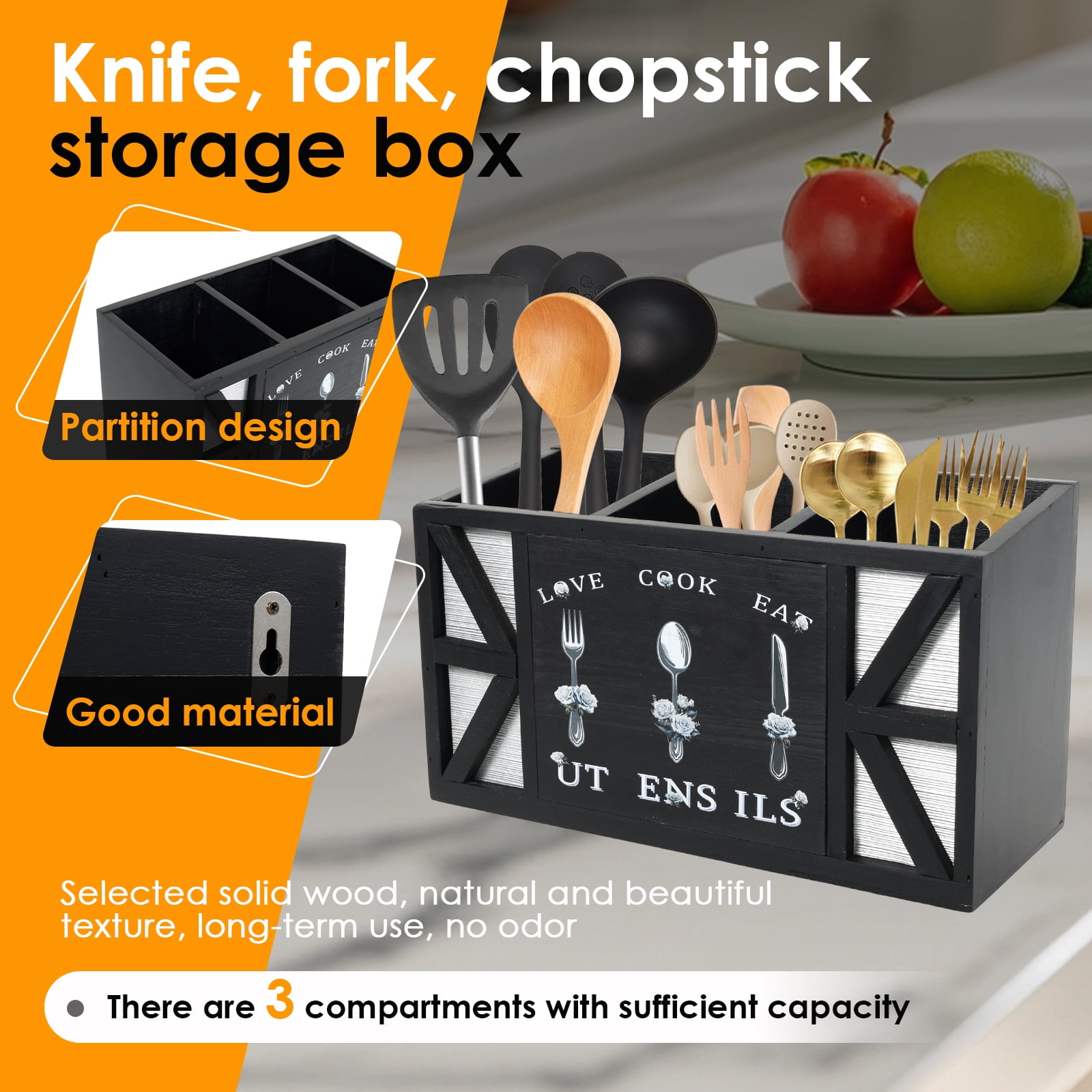 Tzdxfgl Wood Kitchen Utensil Holder, Silverware Organizer with 3 Compartments for Countertop, Black Wood Utensil Caddy for Farmhouse Kitchen Decor