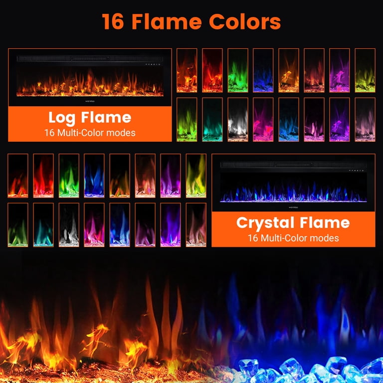Warmtoo 50'' Electric Fireplace W/ 16 Adjustable Colors, Wall Mounted u0026  Recessed Fireplace Heater with Crystal Rocks u0026 Log, Remote Control -  Walmart.com