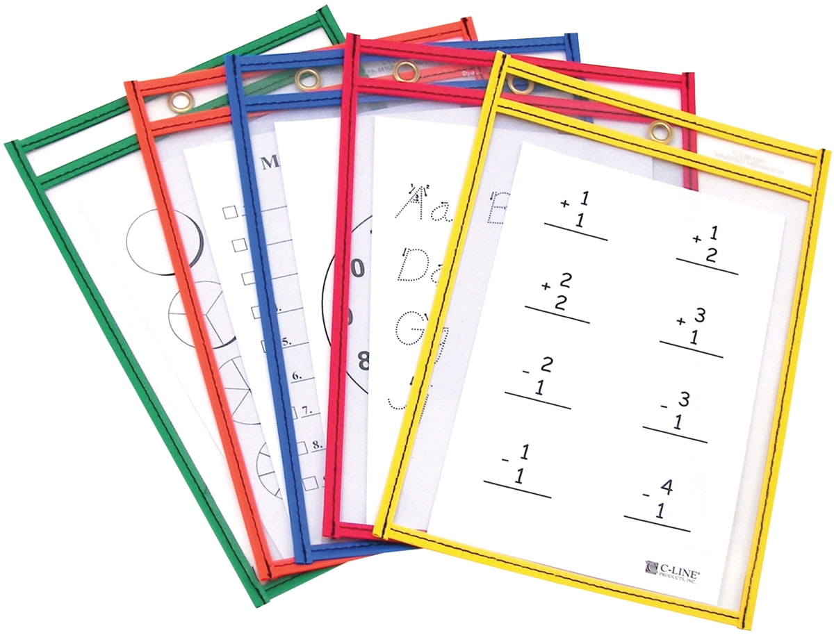 Reusable DryErase Pockets 6"X9" 10/PkgAssorted Primary Colors