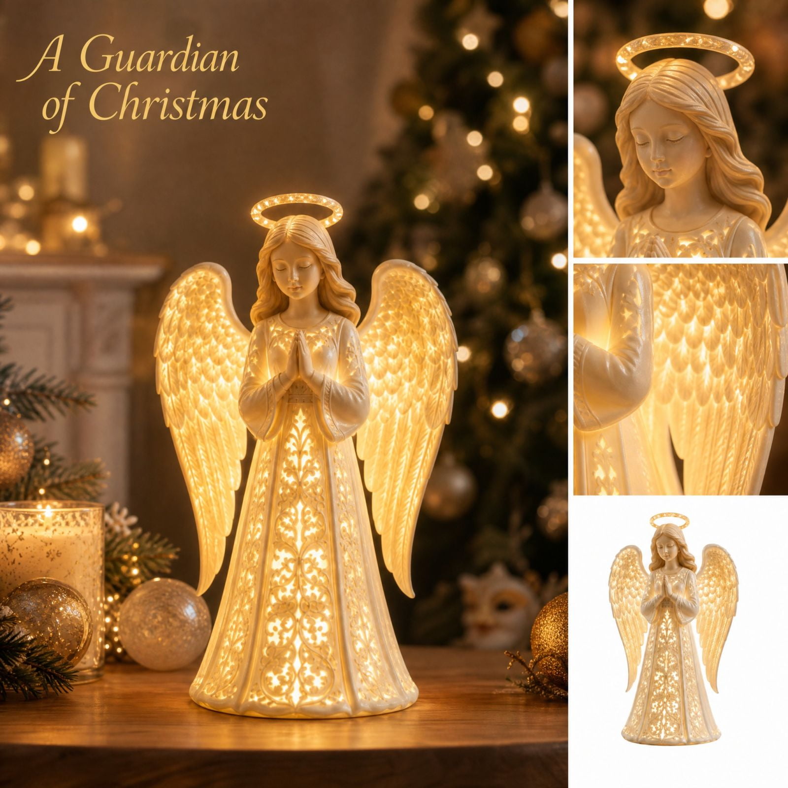 Angel Christmas Guardian Light, Symbol of Hope Love Protection Praying Figurine with Warm Golden Glow, Keepsake Statue for Grandma, LED Tabletop Decor, Memorial Night Lamp