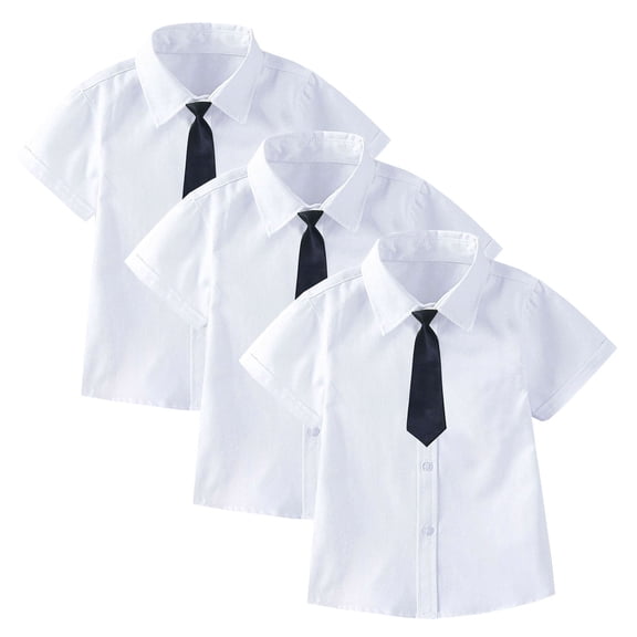 OGLCCG 3 Pack Boys Button Down Shirts with Tie and Pocket Short Sleeve Collared Shirts Casual Back to School Uniform Shirts Tops 2-15 Years