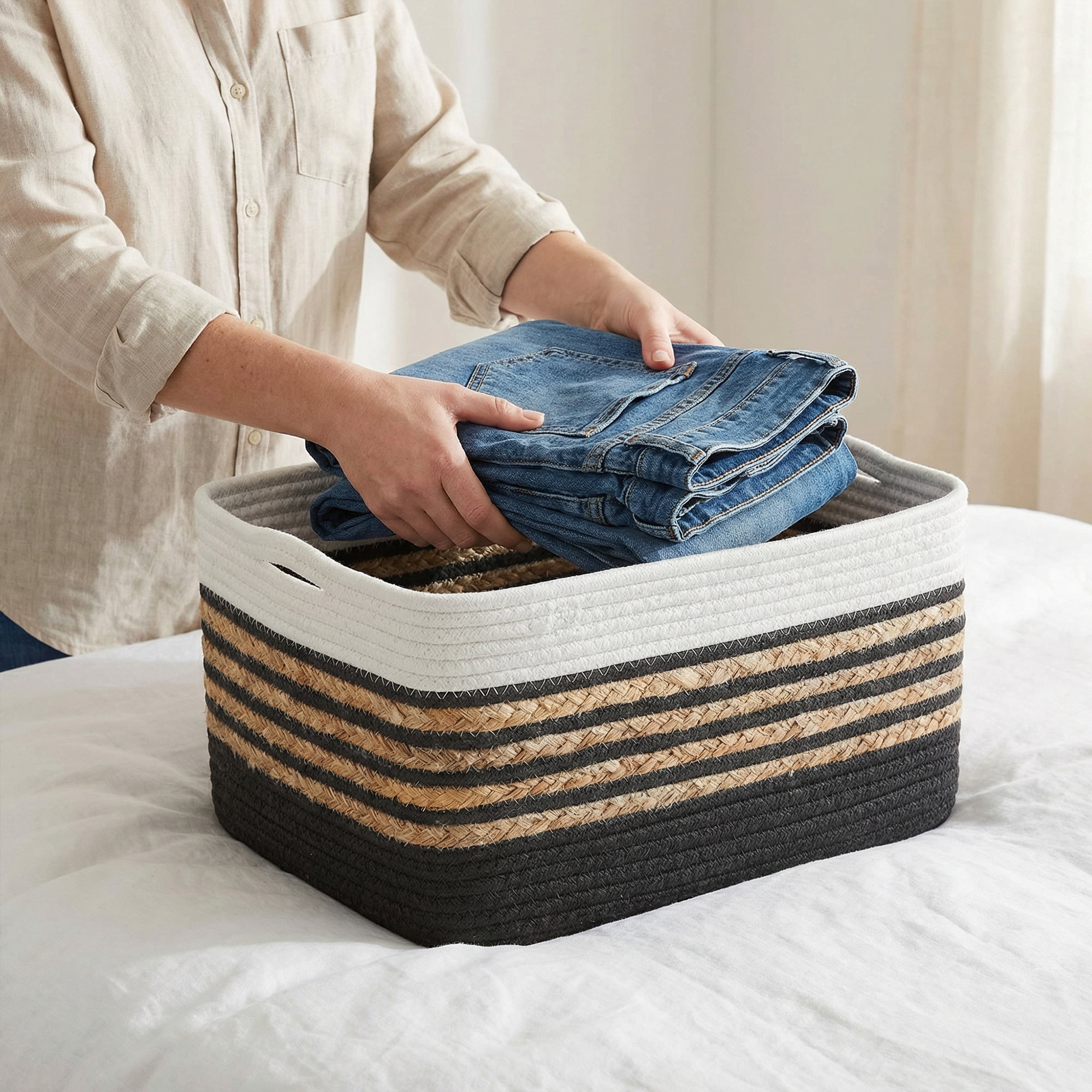 Unique Bargains Woven Storage Basket Storage Bin Black White 18.9*11*9.1in
