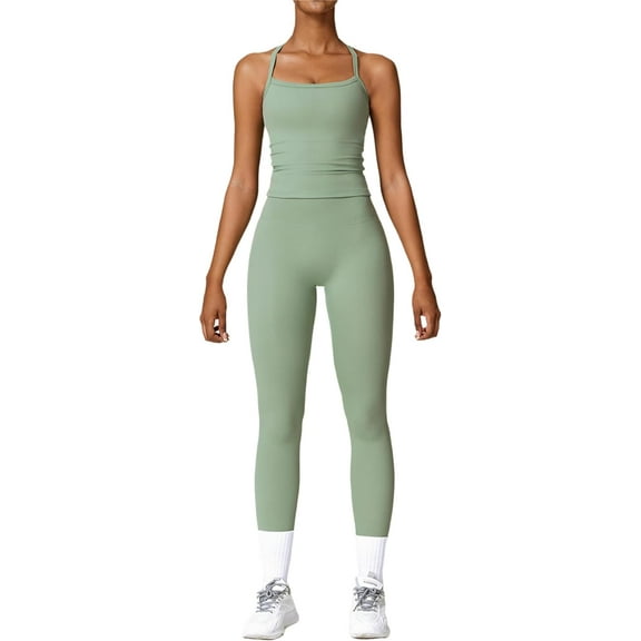 Womens Workout Sets Two Piece Cross Back Tank Top Matching High Waist Leggings Sets Gym Outfits Work Out Clothes