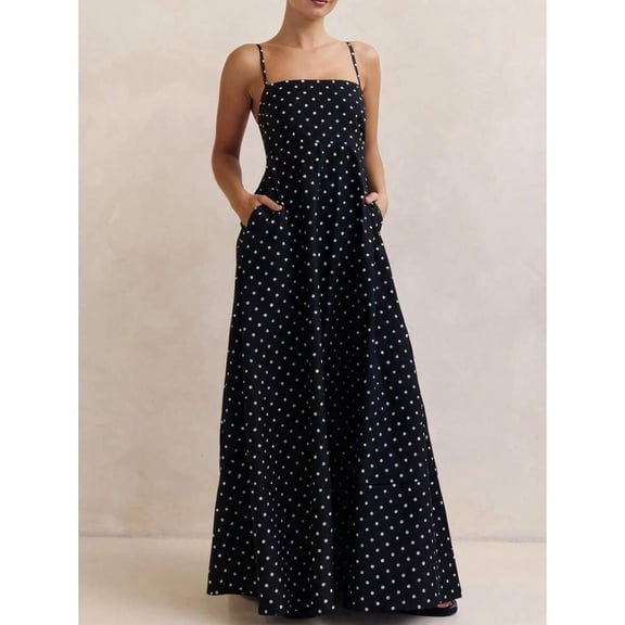 Polka‑Dot Spaghetti‑Strap Long Slip Dress, Open‑Back Flowy Elegant Summer Vacation Vest Dress