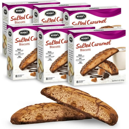 Nonni's Salted Caramel Biscotti Italian Cookies - 6 Boxes - Biscotti Individually Wrapped Cookies - Italian Biscotti Cookies w/Rich Milk Chocolate & Sea Salt - Kosher - 6.72 oz