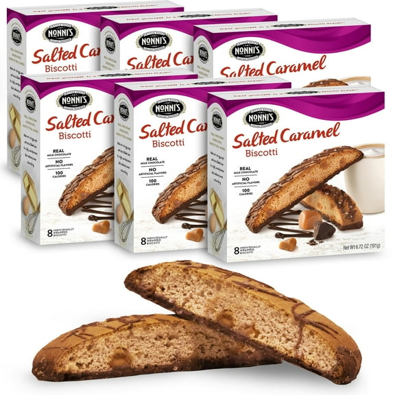 Nonni's Salted Caramel Biscotti Italian Cookies - 6 Boxes - Biscotti Individually Wrapped Cookies - Italian Biscotti Cookies w/Rich Milk Chocolate & Sea Salt - Kosher - 6.72 oz