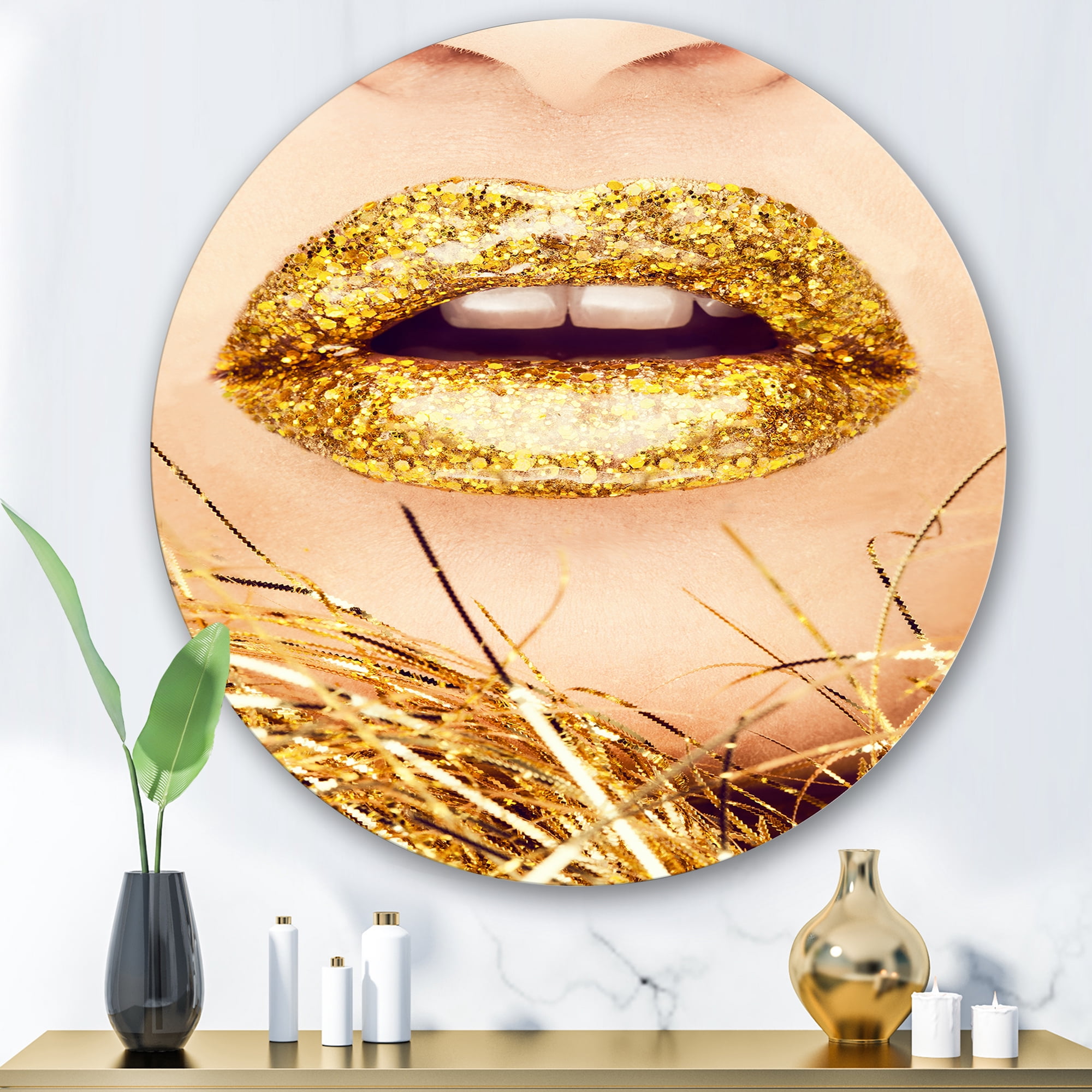 Designart 'Close-Up Of Golden Female Lips I' Modern Circle Metal Wall Art 36x36 - Disc of 36