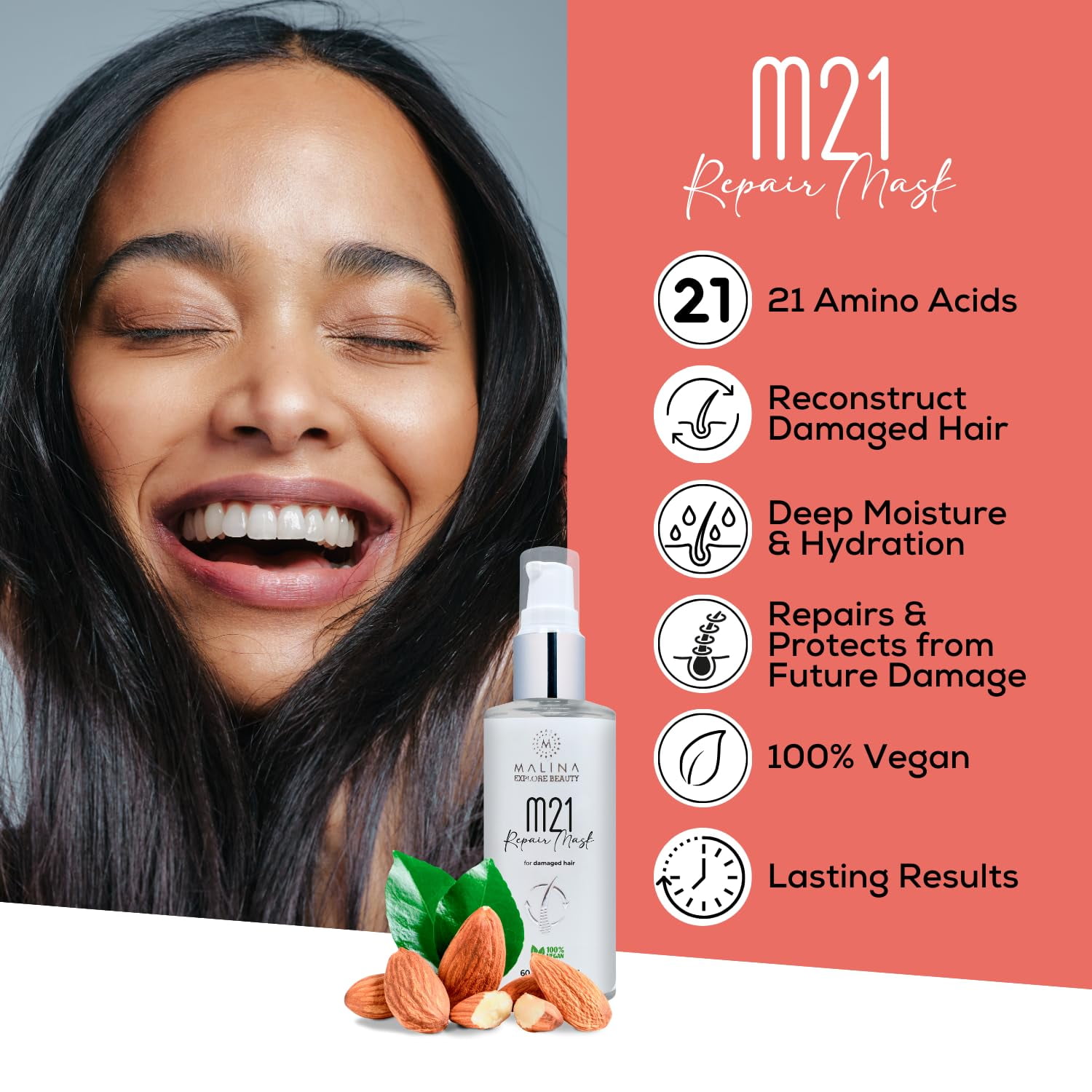 Malina Leave-In Repair Hair Mask for a Naturally Glowing Hair I Made in Brazil I Full XL size 2 Fl Oz