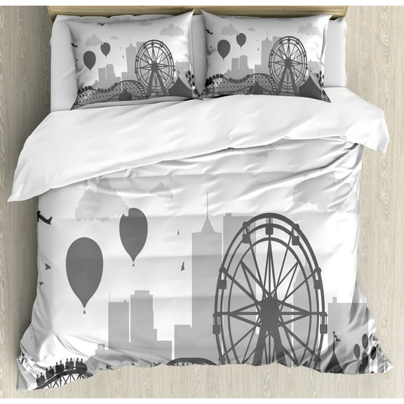 Ambesonne Ferris Wheel Duvet Cover Set, Park Silhouette City, King, Grey Pale Grey and White
