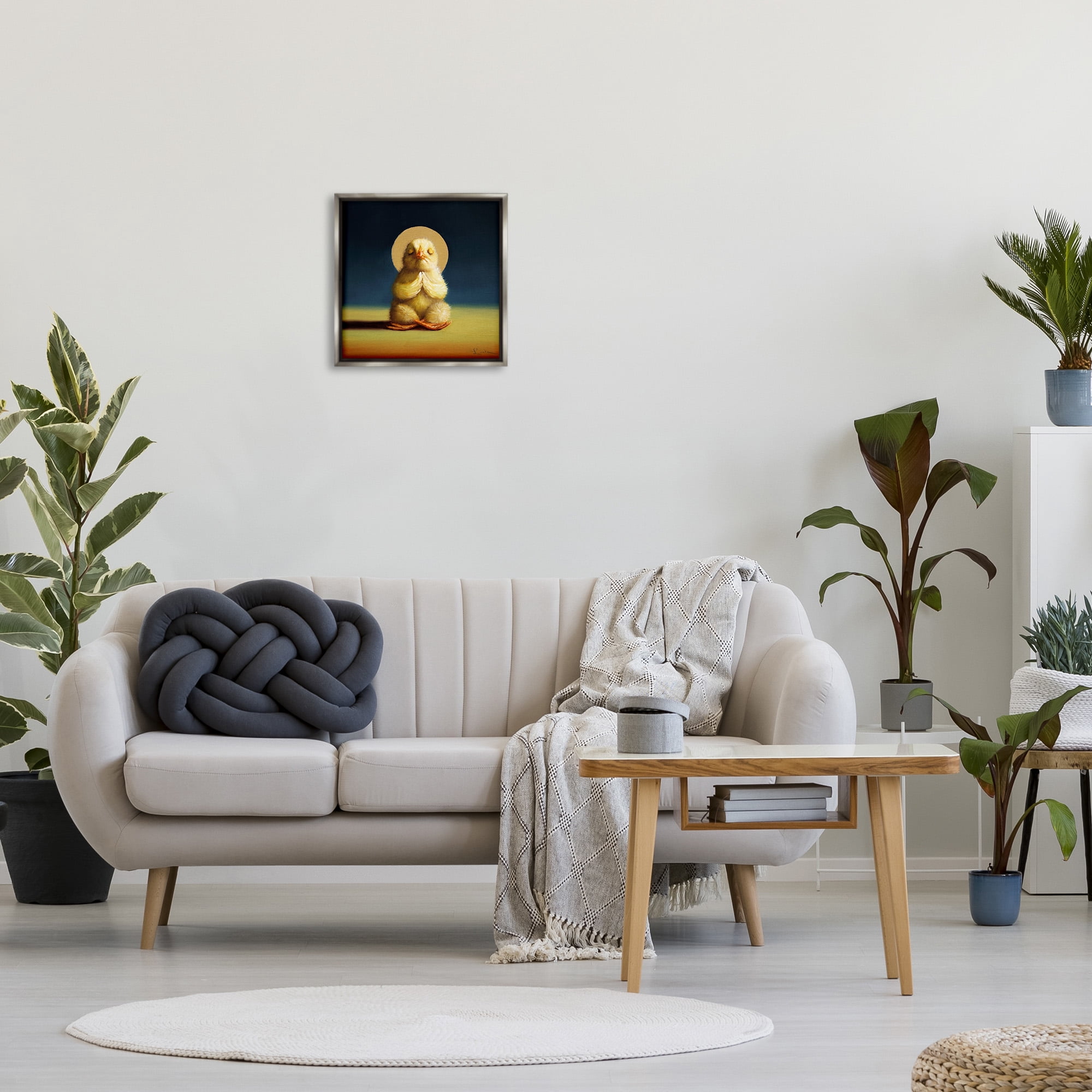 Stupell Industries Meditating Yoga Chick Animals & Insects Painting Gray Floater Framed Canvas Art Print Wall Art, 18 x 18