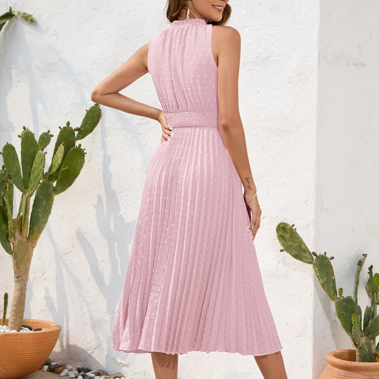 Uaswgudfs Summer Dresses for Women 2025 Sleeveless Midi Sundress |  High-Waist Wrap Belt & Ruffle Hem Casual Versatile Dress for Women Pink L -  Walmart.com