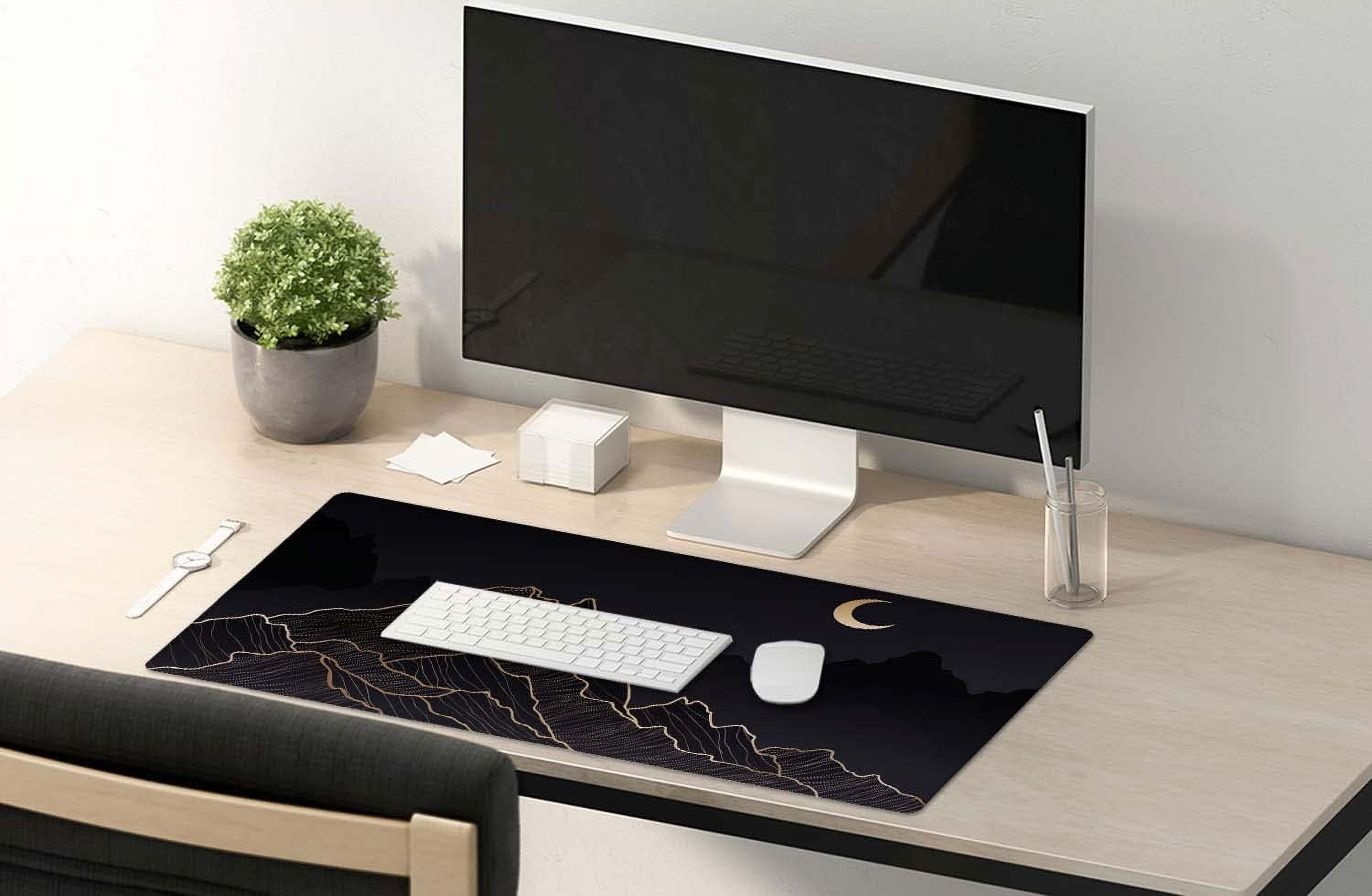 Mountain & Moon Landscape Black Desk Mat, Boho Desk Mat, Mountain Desk Mat, Large Mouse Pad, Full Desk XXL Extended Gaming Mouse Pad 35.5" X 15.7", Waterproof Desk Mat Stitched Edges