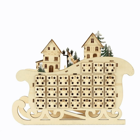 putnchl Wooden 24 Countdown Christmas Calendar Creatived Home Sleigh Calendar Wooden LED Christmas Decoration Ornaments