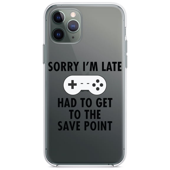 DistinctInk Clear Shockproof Hybrid Case for iPhone 13 (6.1" Screen) - TPU Bumper Acrylic Back Tempered Glass Screen Protector - Sorry I'm Late Had to Get to Save Point Gamer