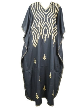Mogul Women Black Maxi Dress Kaftan Hand Floral Embroidered Lounger Loose Flowy Dress Caftan One Size