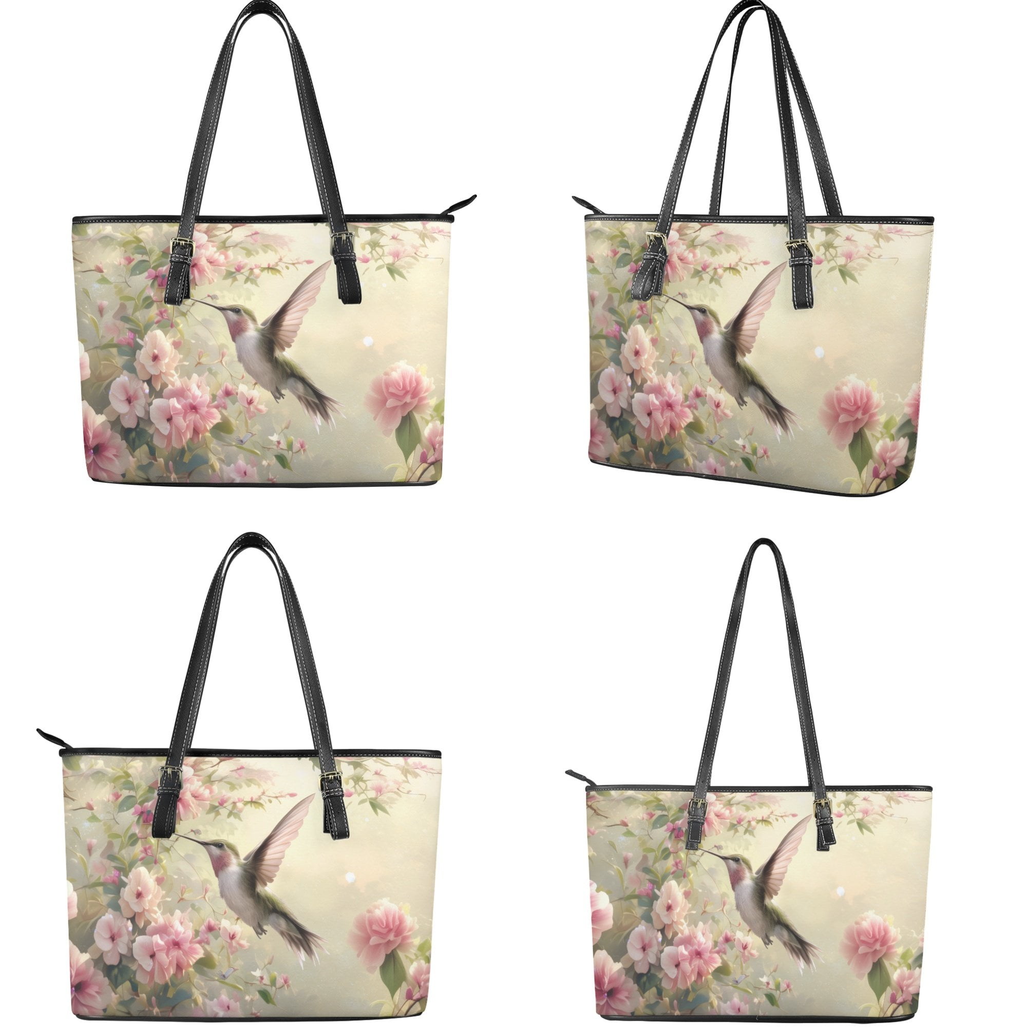 Kuiaobaty Hummingbird Print Tote Bag for Women, Flowers Print Leather Satchel Purse with Adjustable Strap, Lightweight Casual Shoulder Handbag for Travel & Shopping, Green