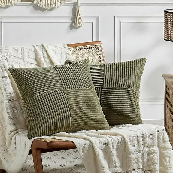 0829 2 Packs Olive Green Samll Decorative Throw Pillow Covers 14x14 Inch with for Couch Bed Sofa, Rustic Farmhouse Boho Home Decor, Soft Corss Patchwork Corduroy Square Cushion Case 35x35 cm