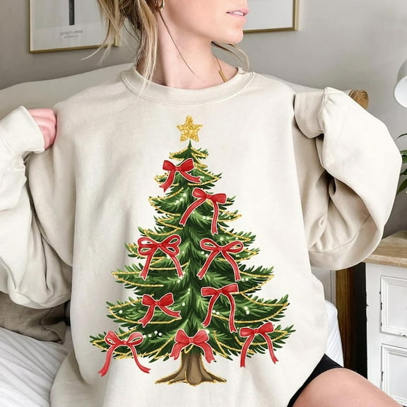 Colorful Glitter Christmas Tree Sweater, Christmas Tree with Bow Pullover, Bright Color Christmas Bow Sweater