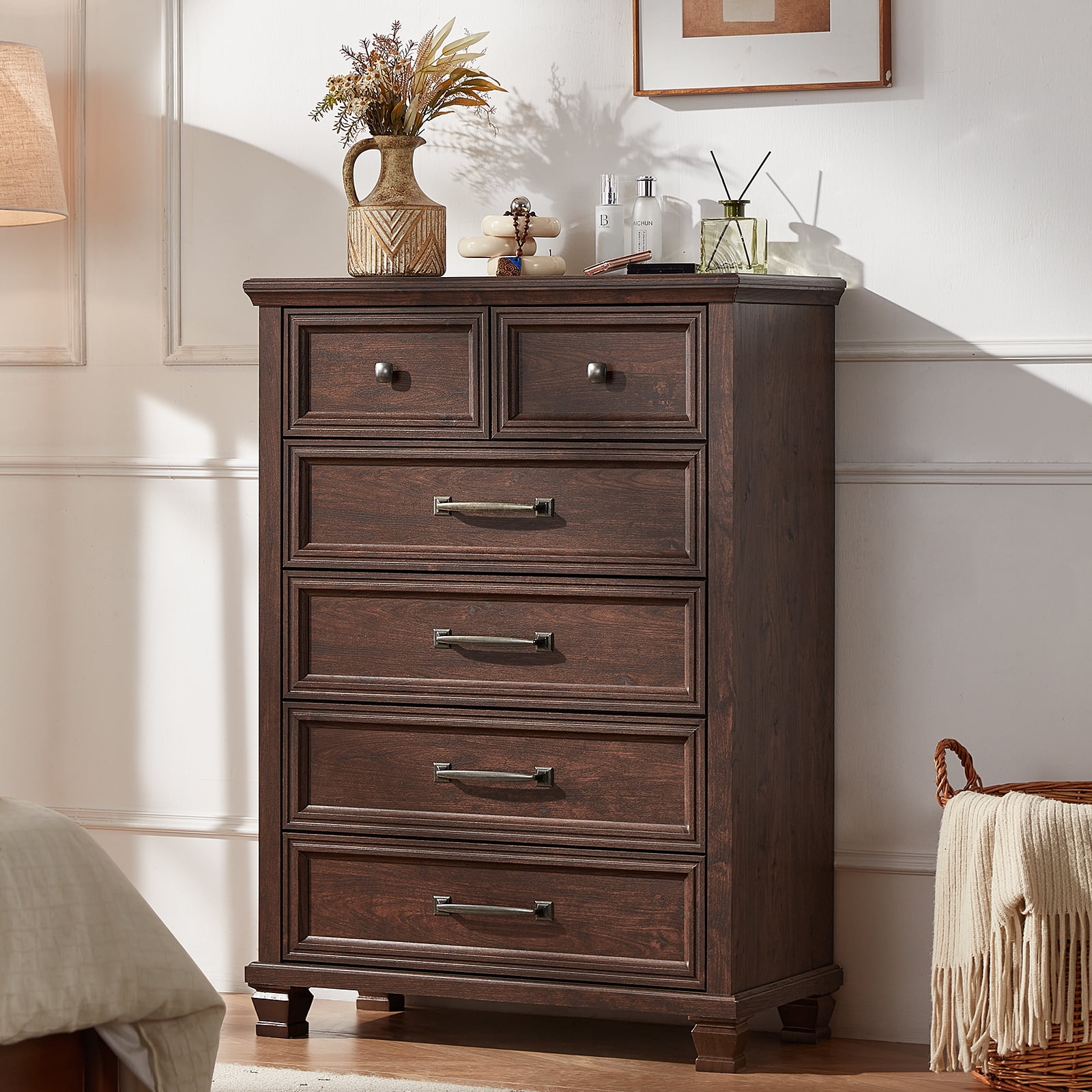 Vertical Dresser for Bedroom, LELELINKY 6 Drawer Dresser with Metal Handle, Chest of Drawers for Living Room, Walnut