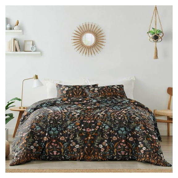 Sweet JoJo Designs Boho Bohemian Farmhouse Black and Orange Wildflower Garden Floral Duvet Comforter Cover and Sham 3 pc. Full Queen Size Bed Bedding Set Bedroom Botanical Cottagecore Flower Vintage