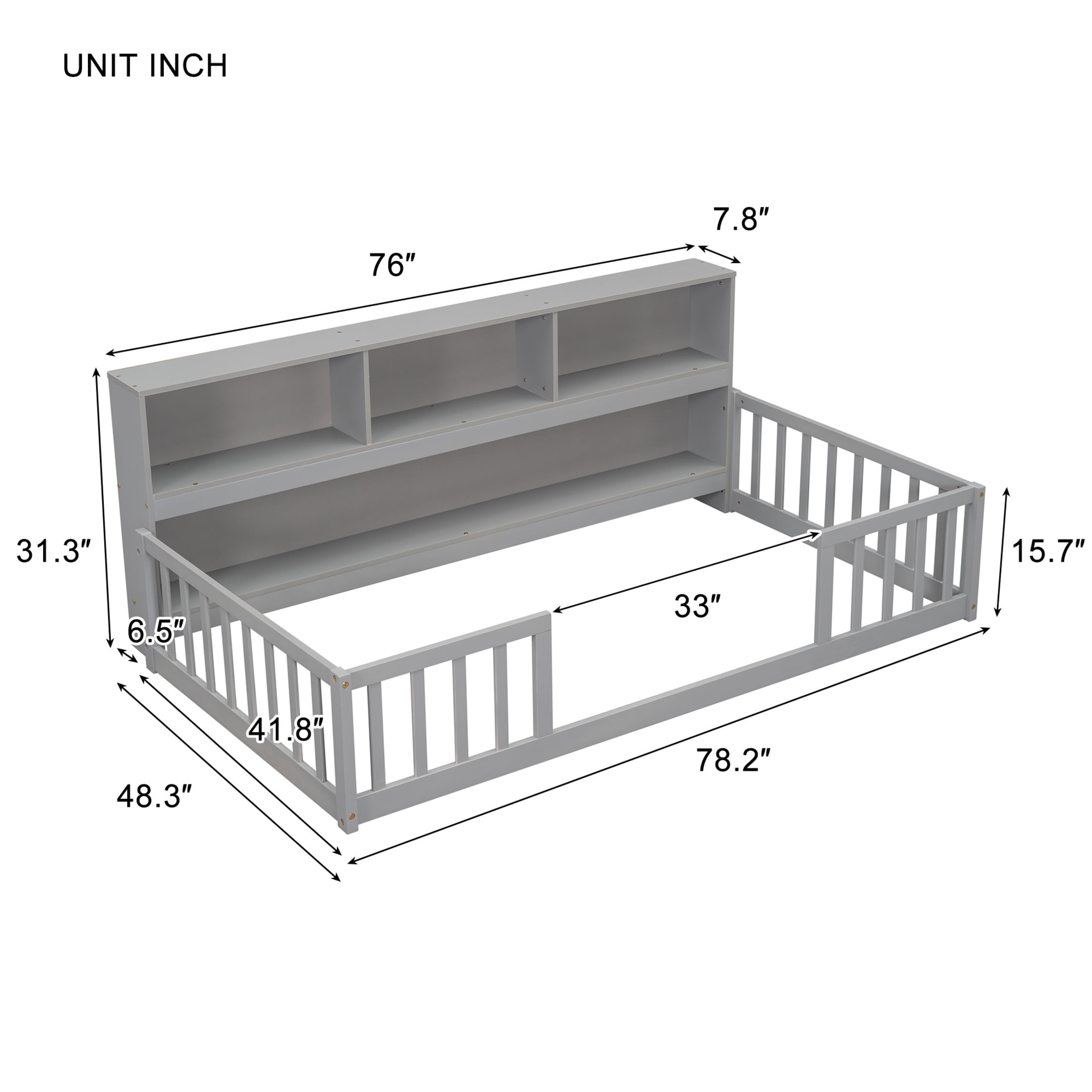 Noble House Lester Twin Size Floor Bed, Pine Wood Frame with Side Bookcase, Shelves, and Guardrails for Kids, Grey