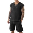 thumbnail image 2 of Ceisia Men Mesh Knit Sleeveless V Neck Tank Top Matching Shorts Set Solid Slim Fit Two Piece Casual Daily Outfit Suit Black S Gift, 2 of 5