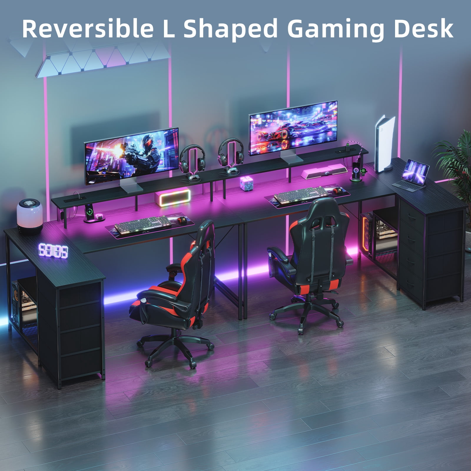 Eunos 61 inch L Shaped Gaming Desk with Power Outlets & LED Light, Computer Desk with 4 Tiers Drawers for Home Office, Black