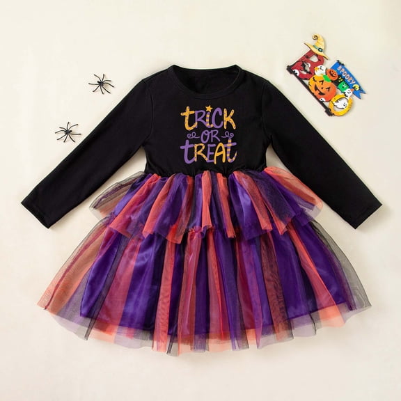 FASHOFT Girls Halloween Dress Long Sleeve Party Dress Mesh Patchwork Cosplay Outfit Cute Halloween 1-6 Years Toddler Girl Halloween Black 3-4 Years