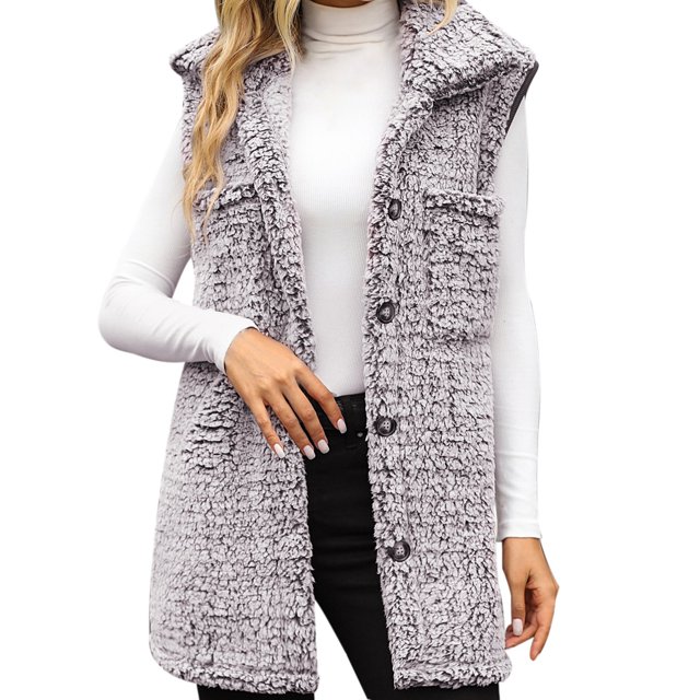 WEAIXIMIUNG Vestes pour Femmes Mode Habillée Automne Hiver Col Sans Manches Long Ample Décontracté Délavé Gilet Ouvert