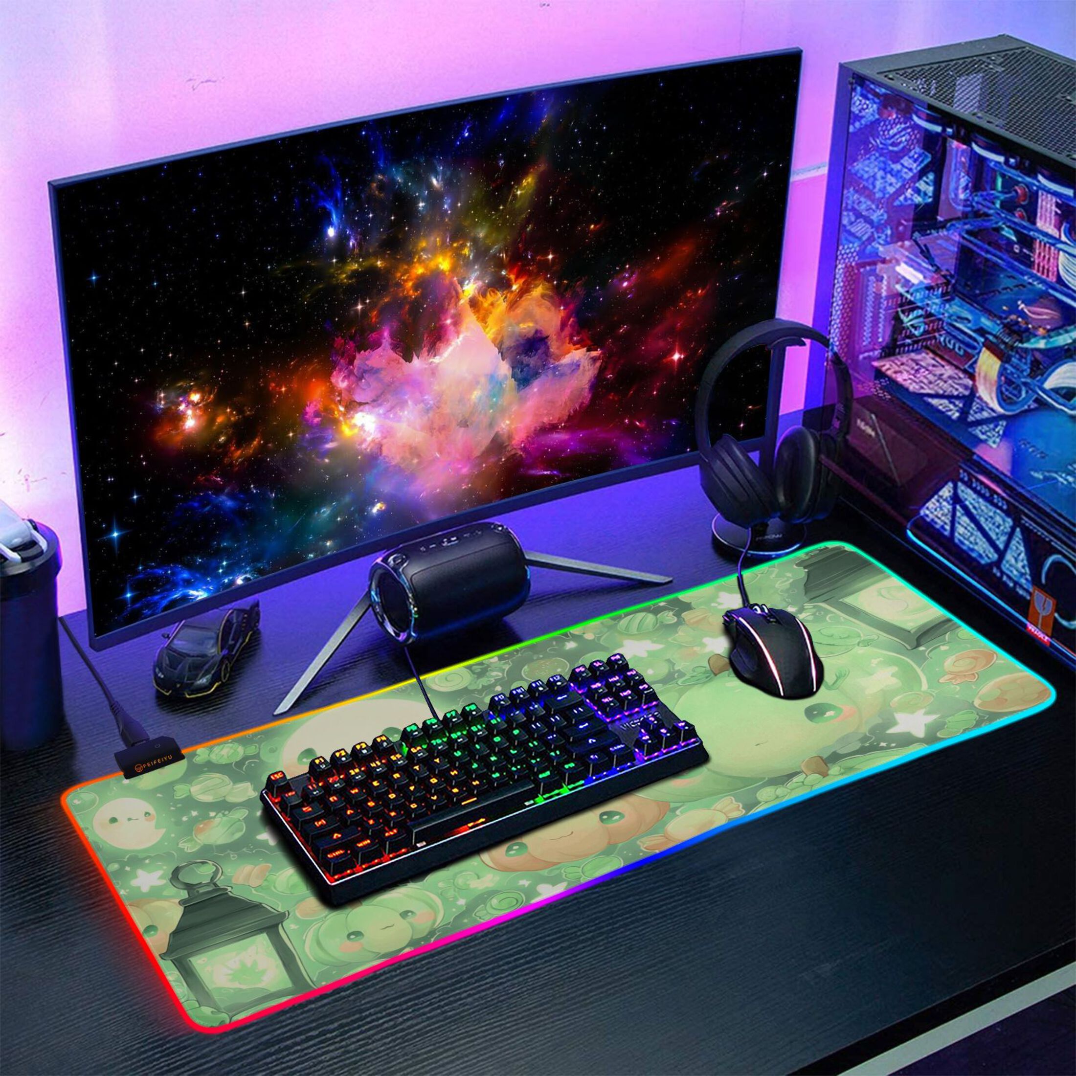 Haosy RGB Led Gaming Mouse Pad Non-Slip Large Keyboard Desk Mat 13 Light Modes 31.5x11.8 inch Adorable Green Pumpkin Cat
