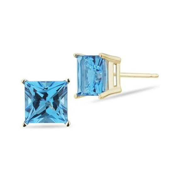 10k Yellow Gold Plated 1/2 Carat Princess Cut Created Blue Topaz Sapphire Stud Earrings