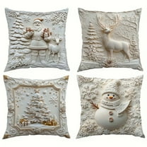 Vintage Christmas Throw Pillow Covers Set of 4, 3D Xmas Tree Santa Deer Snowman Cushion Cover, Christmas Themed Printed Pillowcase for Sofa Bed Couch Home Decor (17.72" x 17.72")