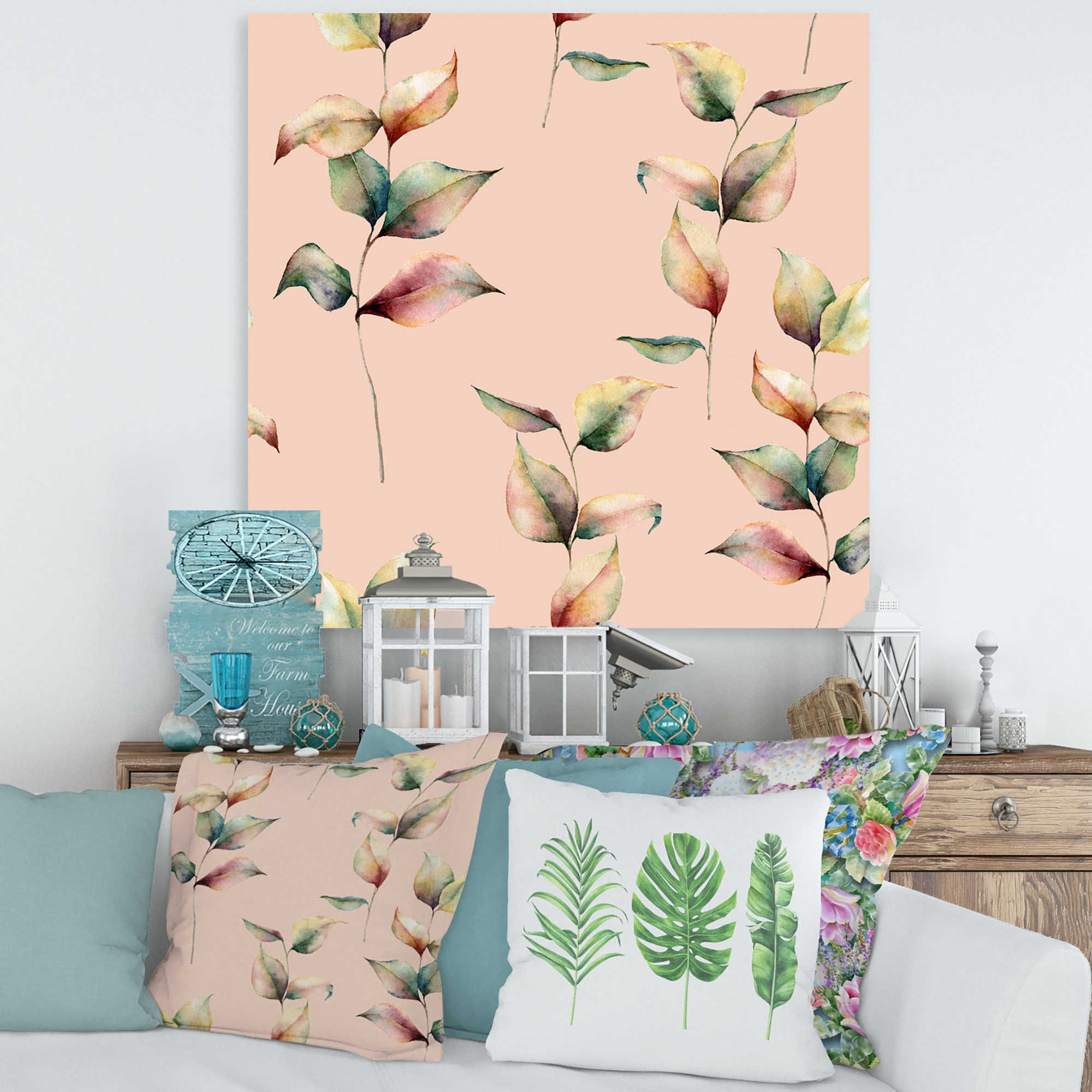 Designart ' Autumn Pink Leaves with Branch On Pastel Colors ' Traditional Canvas Wall Art Print