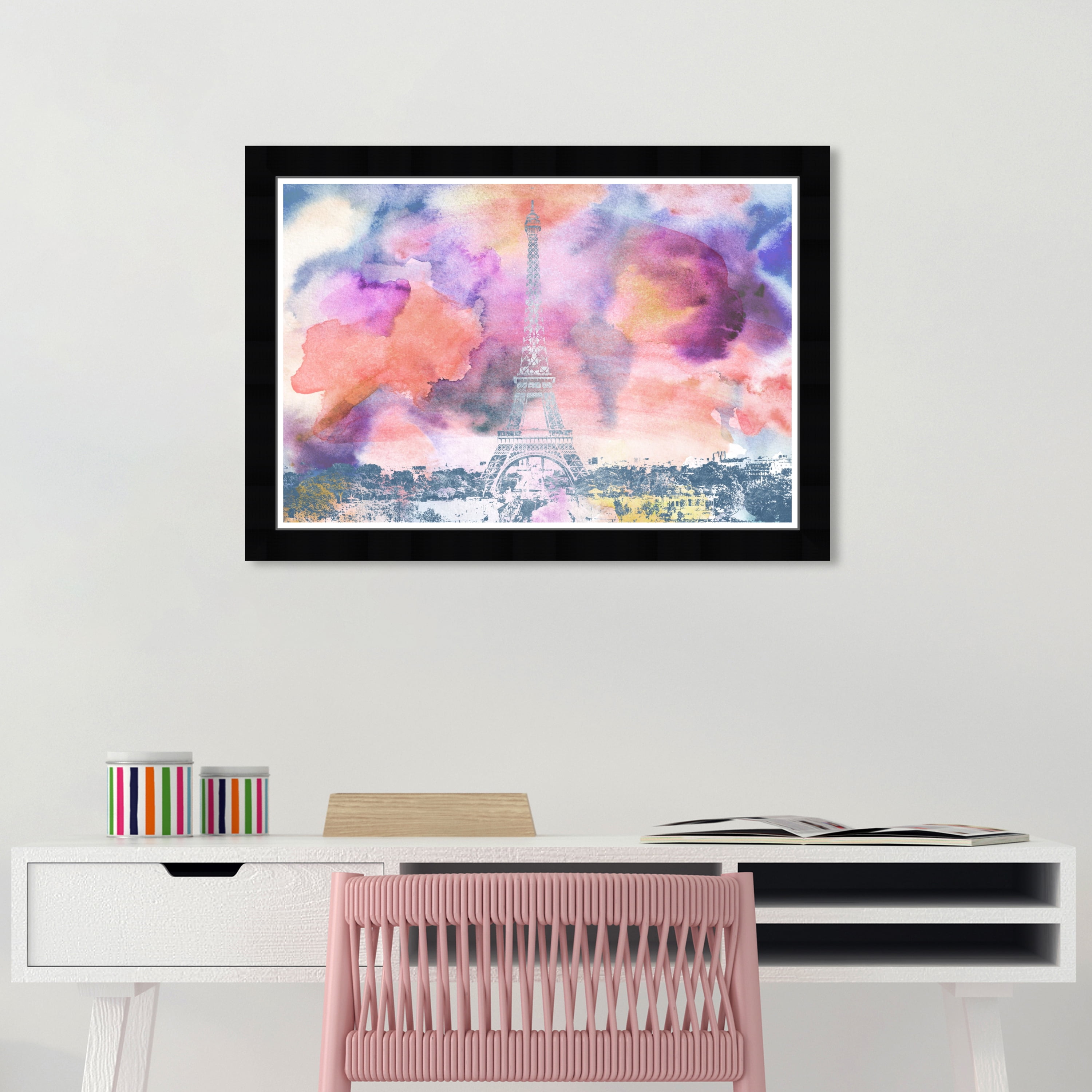 Wynwood Studio Prints Paris Eiffel Watercolor Cities and Skylines European Cities Wall Art Canvas Print Pink 19x13