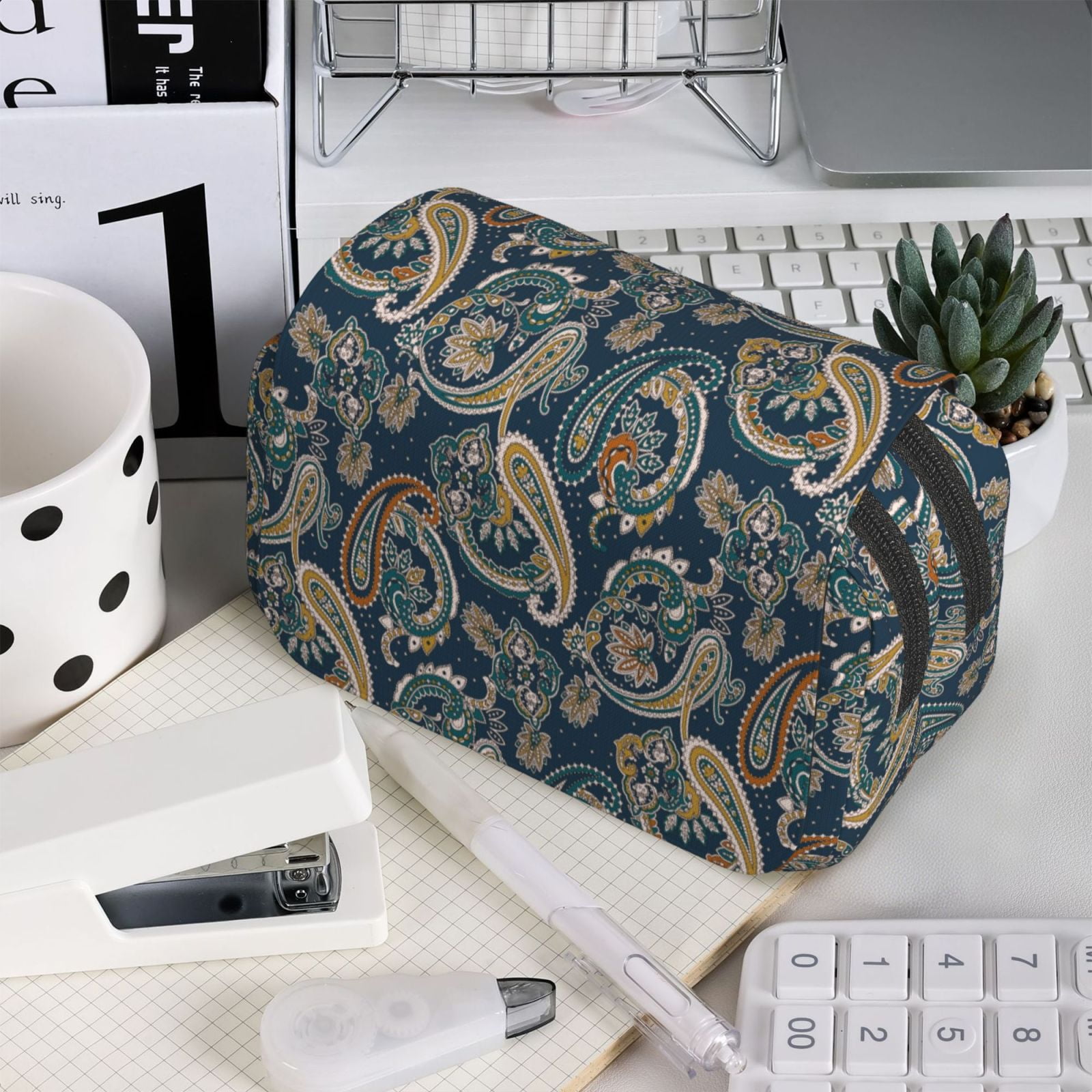 Rateoe Indian Paisley 2 Pattern Double Clamshell Pen Case, Storage Organizer with Two Zipper Compartments– Holds Up to 50 Pencils & Pens