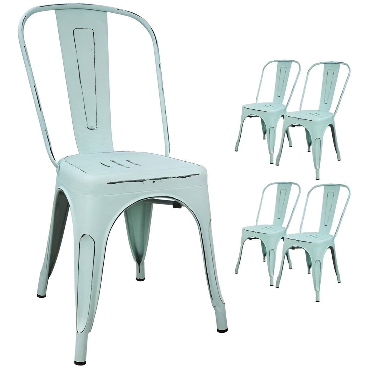 Furmax Set of 4 Metal Dining Chairs Stackable Indoor Industrial Vintage Chairs,Distressed Blue