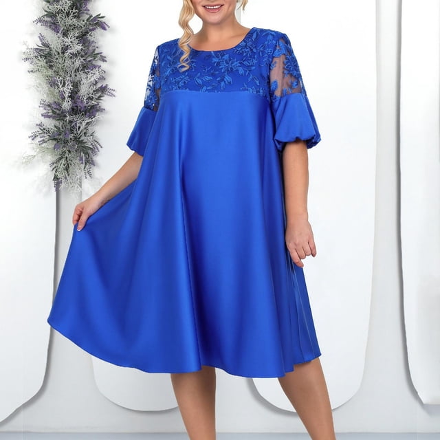 Uootdi Robes Formelles pour Femmes Col Rond Manches 3/4 Robes Brodées Grande Taille Robes Midi Élégantes Cadeau pour Invitée de Mariage