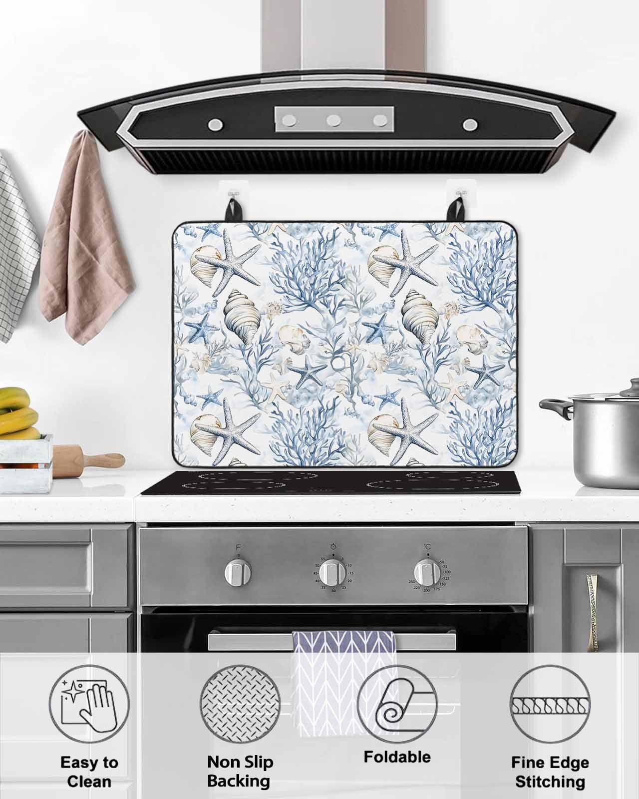 nqOlkjepod Large Induction Cooktop Protector Mat 36"x21", Blue Coastal Stove Top Covers for Electric Stove, Ocean Coral Starfish Conch Sea Watercolor Stove Burner Cover Mats, Glass Top Stove Cover