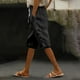 thumbnail image 2 of Pantalones capri con cintura elástica y botones laterales para mujer - Pantalones informales holgados de color liso, 2 of 5