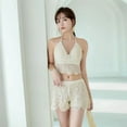 thumbnail image 5 of Aellinatey Women Boho Vacation Halter Bikini Bra Sexy V-Neck Backless Crochet Knit Geometric Camisole Scalloped Hem Padded Beach Bustier Crop Top, 5 of 13
